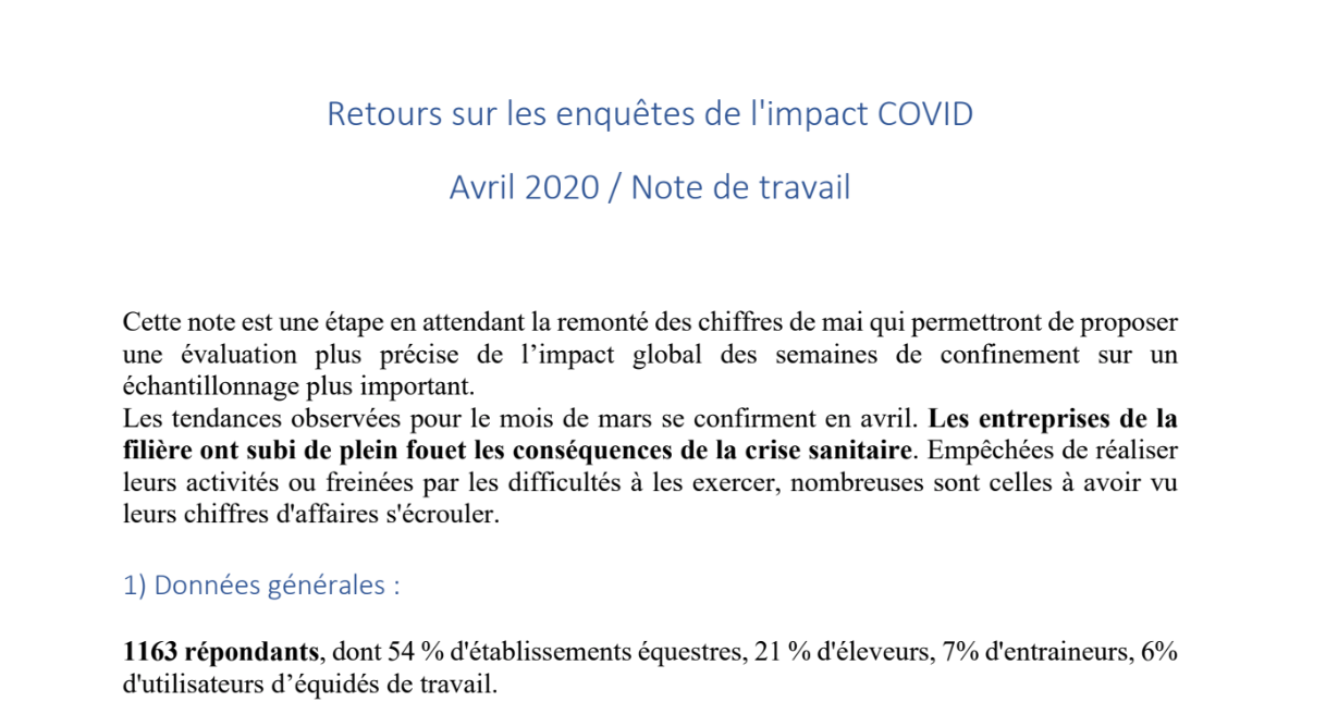 La note nationale d'impact du Covid19 pour le mois d'Avril sur les activités des professionnels de la filière équine vient de sortir !