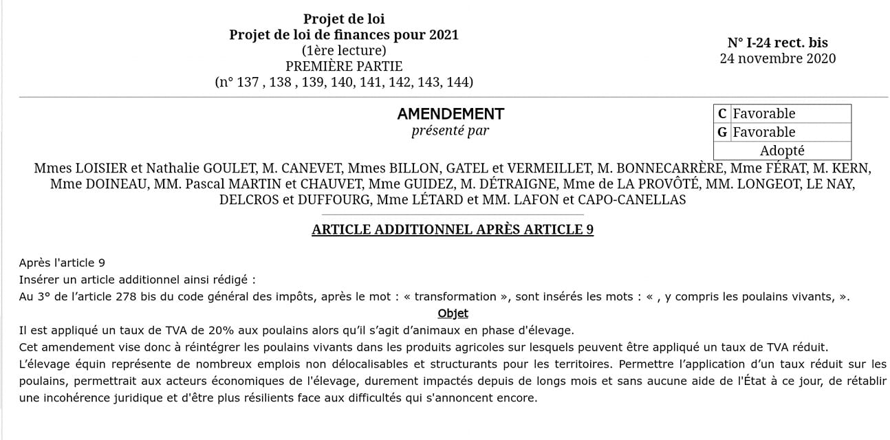 Amendement voté au Sénat : la vente des poulains pourrait être soumise à un taux de TVA réduit , à 10 %