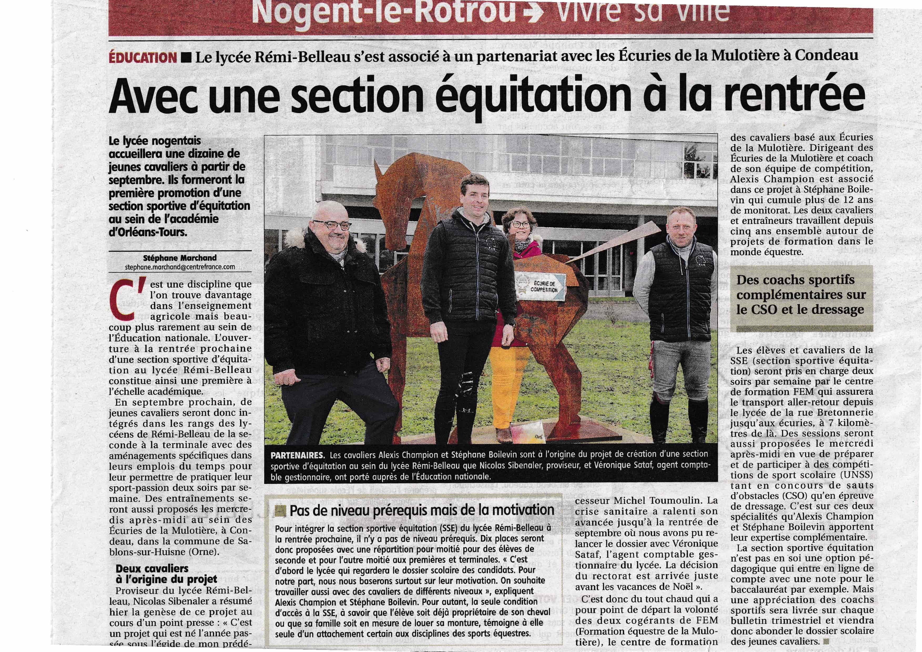 une section équitation au lycée Remi Belleau de Nogent le Rotrou