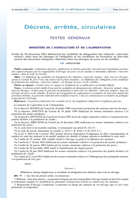 Arrêté du 16 décembre 2021 : obligation de référent "bien-être animal" élevage dans toutes les exploitations agricoles