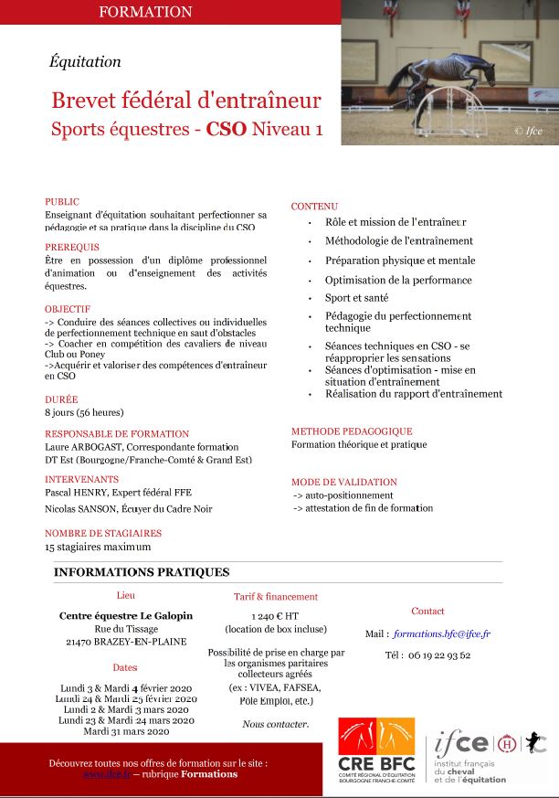Brevet Fédéral d'Entraîneur Sport Equestres - CSO NIVEAU 1